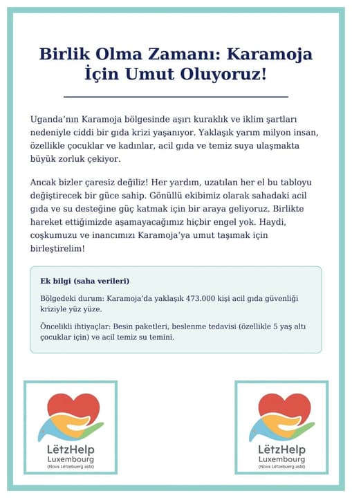Appeal poster in Turkish: “Birlik Olma Zamanı: Karamoja İçin Umut Oluyoruz!”