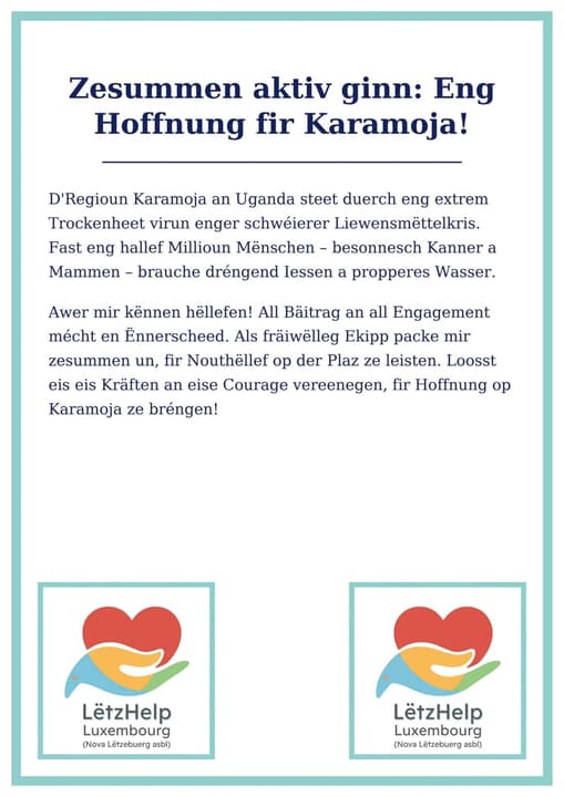 Appeal poster in Luxembourgish: “Zesummen aktiv ginn: Eng Hoffnung fir Karamoja!”