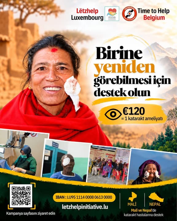 Appeal poster in Turkish: “Birine yeniden görebilmesi için destek olun” (Help someone see again) — €120 = 1 cataract operation