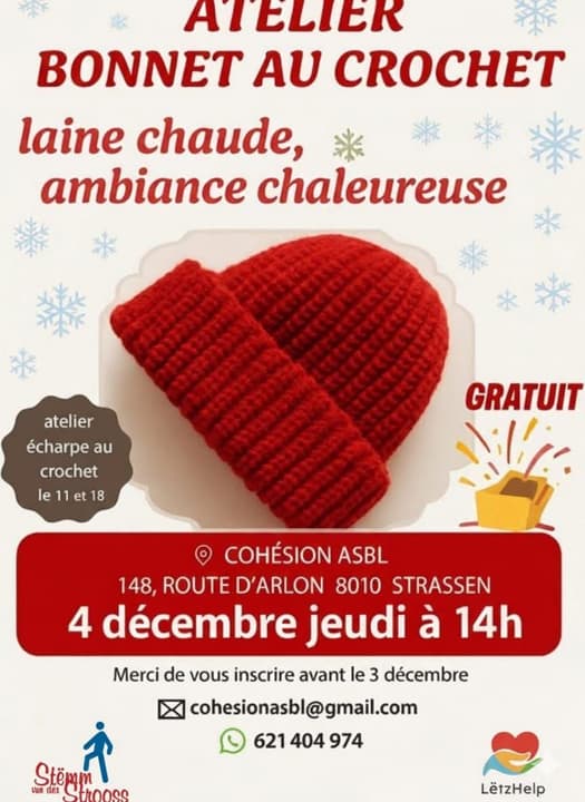 Workshop poster (in French): crochet hat workshop, Thursday 4 December at 2 pm, Cohésion asbl, Strassen — free