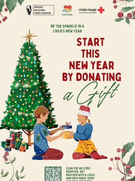Campaign poster (in English): “Start this New Year by donating a Gift” — scan the QR code, register, get matched with a child; Conscious and Cultural Student Association, LëtzHelp and Croix-Rouge luxembourgeoise