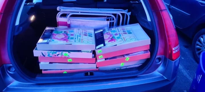 The gifts in the car boot, ready to be handed out