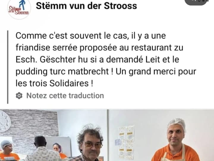 Stëmm vun der Strooss’s Facebook post (automatic French translation): thanks to “les trois Solidaires”